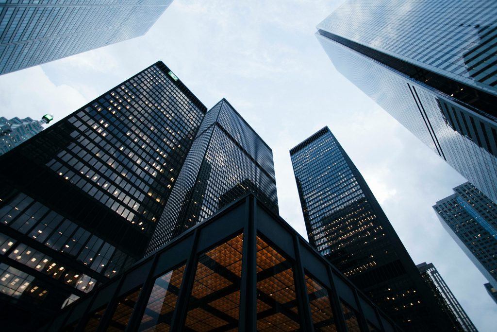 image of looking up at multiple skyscrapers